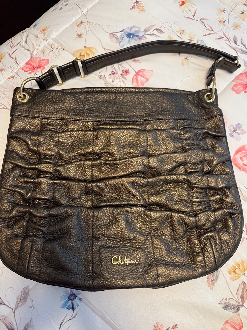 Cole Haan Black Pebbled Leather Ruched Shoulder Bag with Gold Hardware